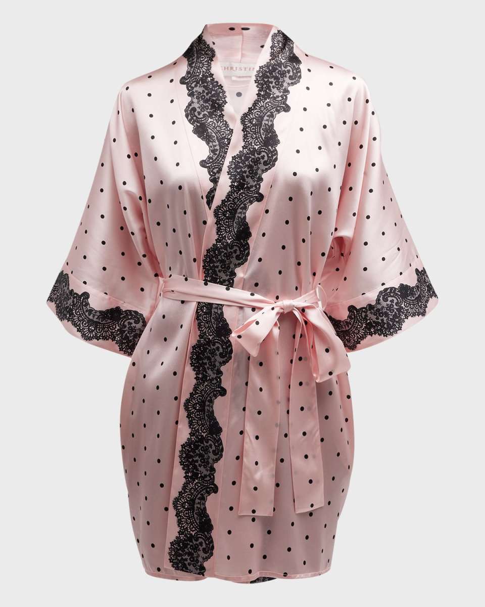 Polka-Dot Lace-Trim Short Silk Rob